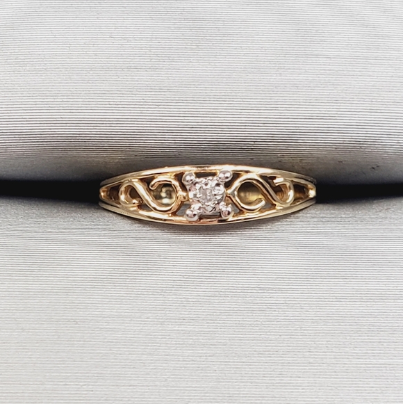Jewelry - 10K Yellow Gold Scroll Diamond Accent Ring - Tiny Baby Ring Knuckle Ring